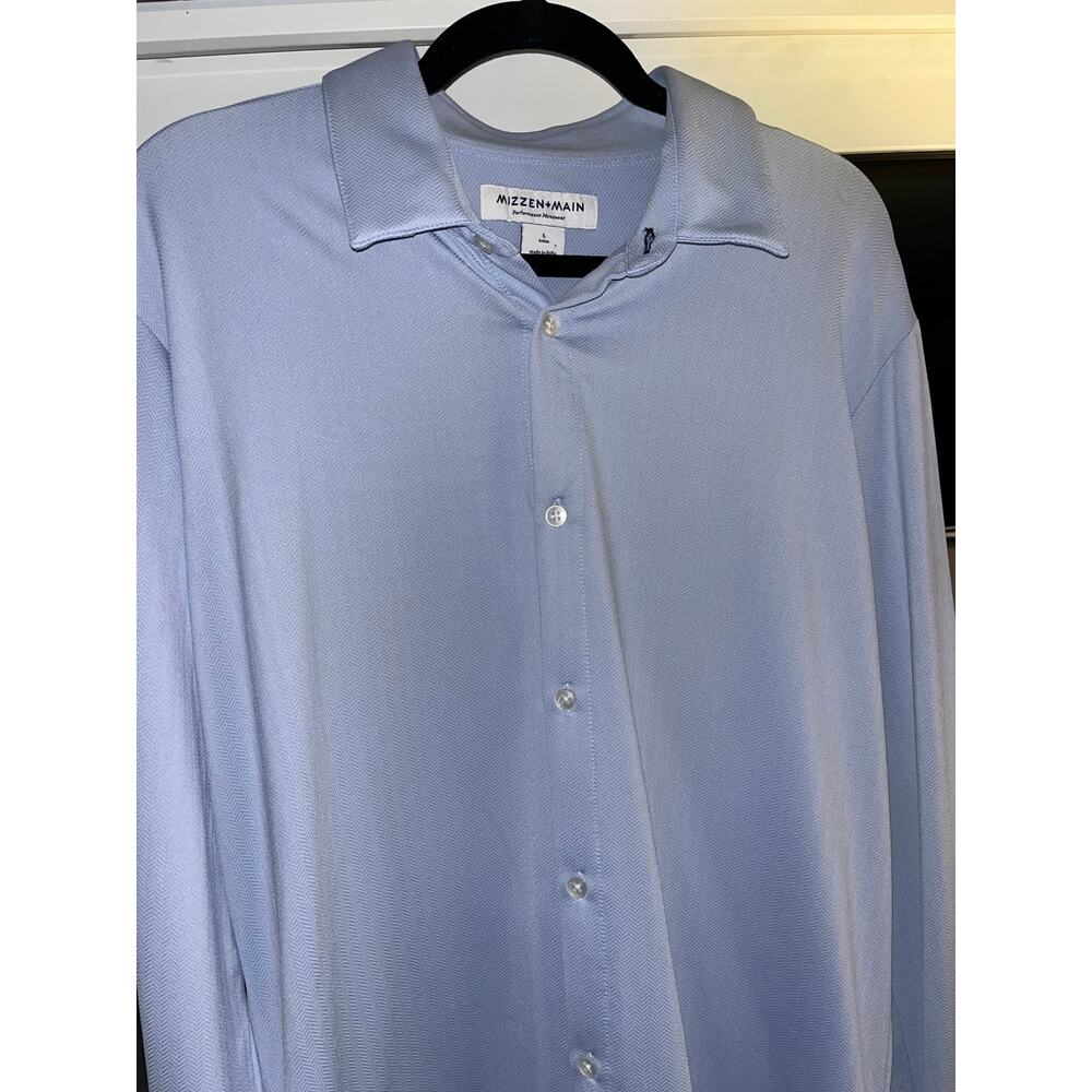 Mizzen+Main Performance Dress Shirt  Trim Blue Herringbone Stretch Button (187)